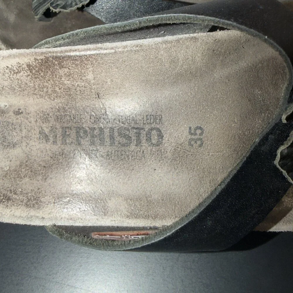 Mephisto Floral Slide Sandals Black Leather Cork Footbed Size 35 - Picture 7 of 7